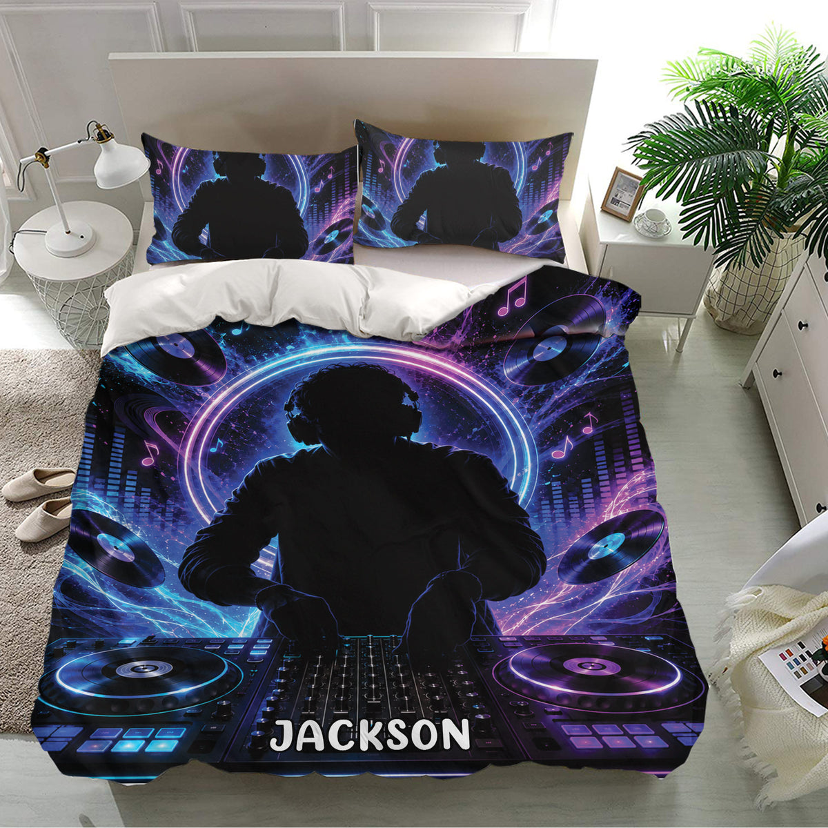 Colorful DJ bedding set displayed on a modern bed with glowing blue and purple music-themed artwork