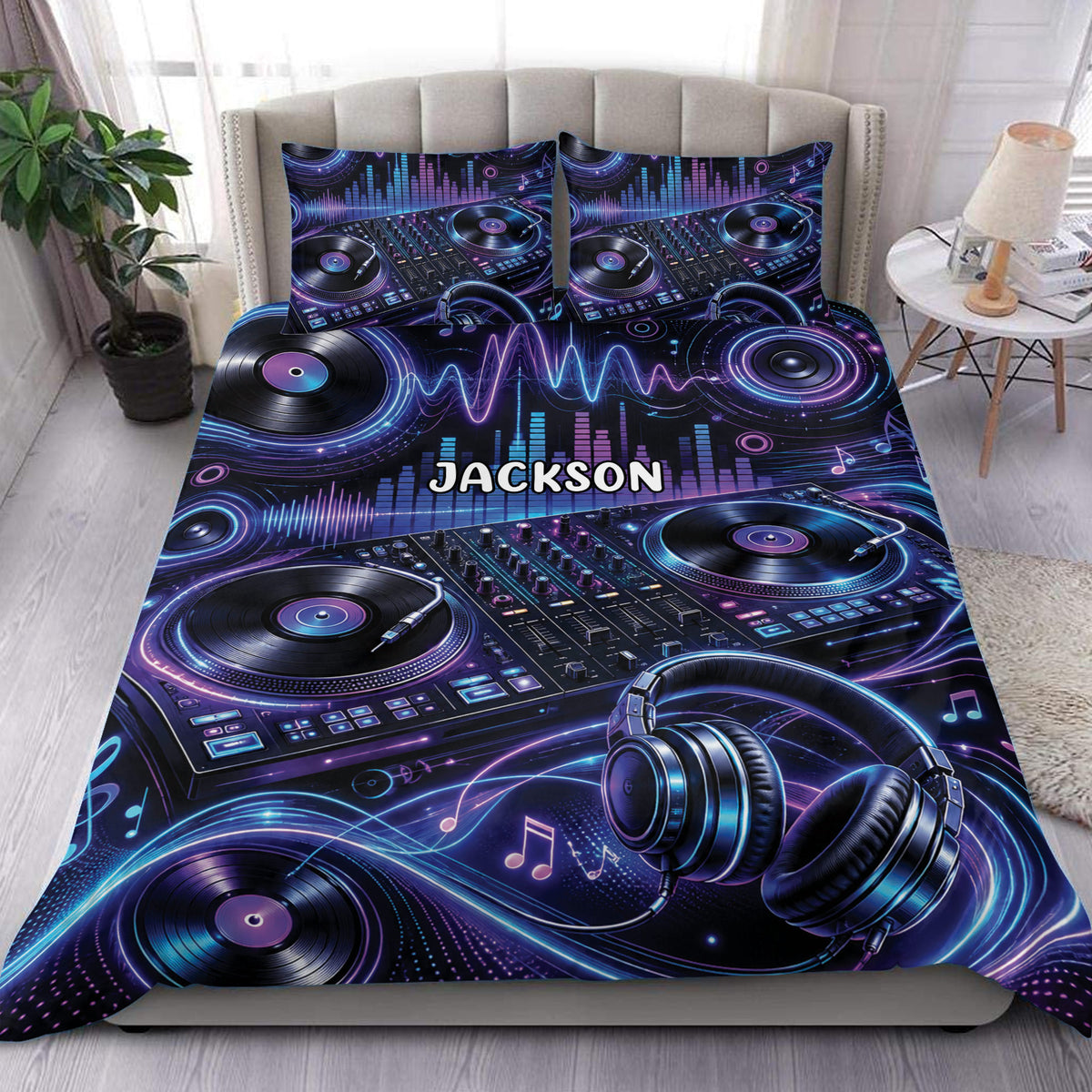 DJ duvet cover set displayed on a bed with turntables, mixer controls, headphones, music notes, and neon sound waves