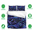 DJ bedding set featuring turntables, headphones, equalizer graphics, and bright blue and purple music artwork