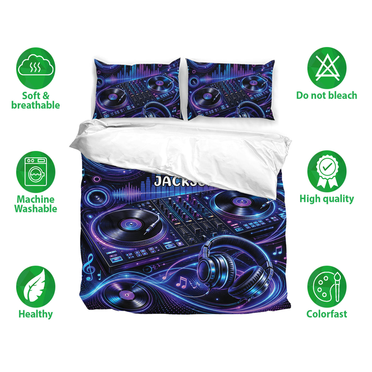 DJ bedding set featuring turntables, headphones, equalizer graphics, and bright blue and purple music artwork