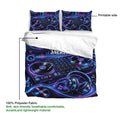 DJ duvet cover with turntable artwork, mixer details, headphones, and labeled printable side presentation