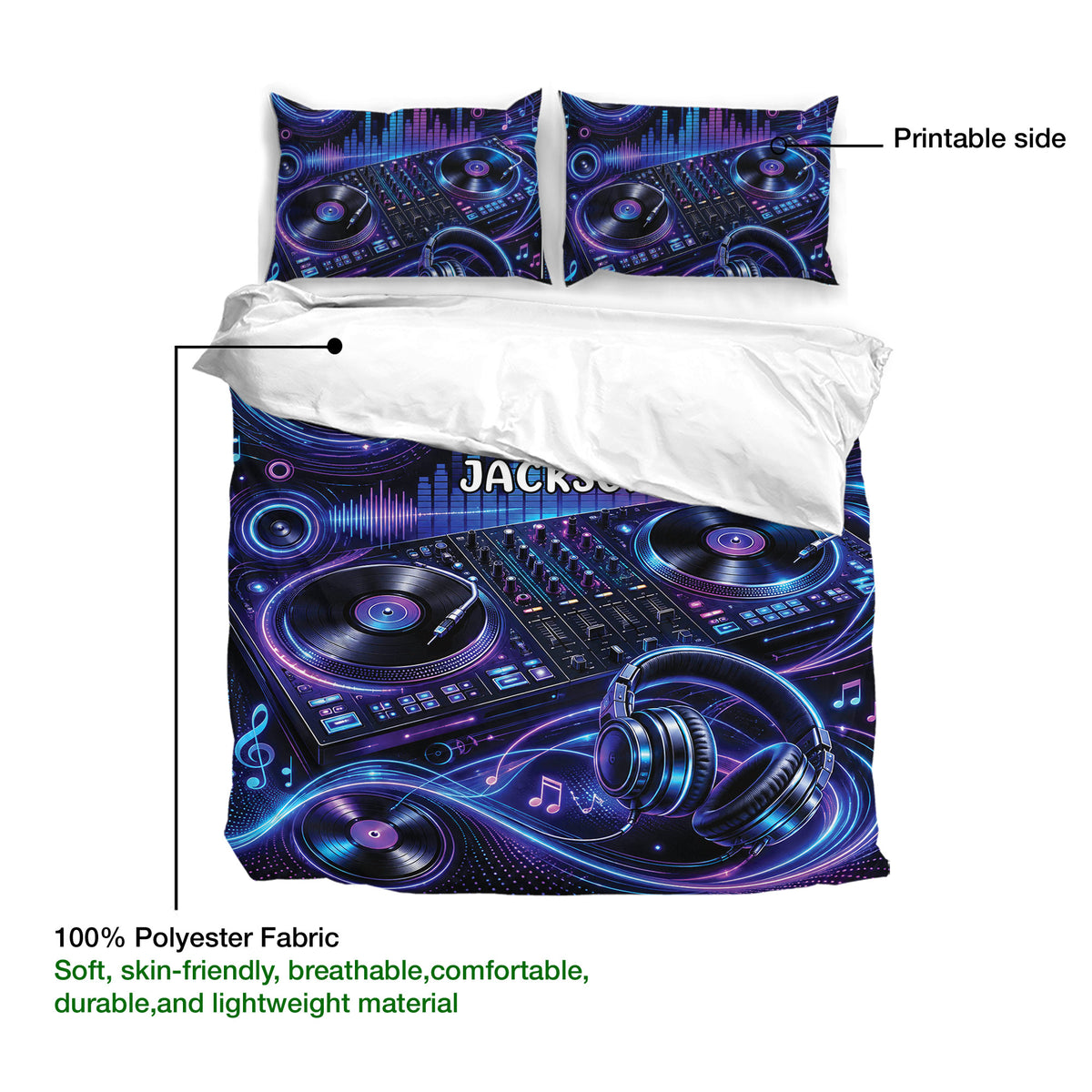 DJ duvet cover with turntable artwork, mixer details, headphones, and labeled printable side presentation