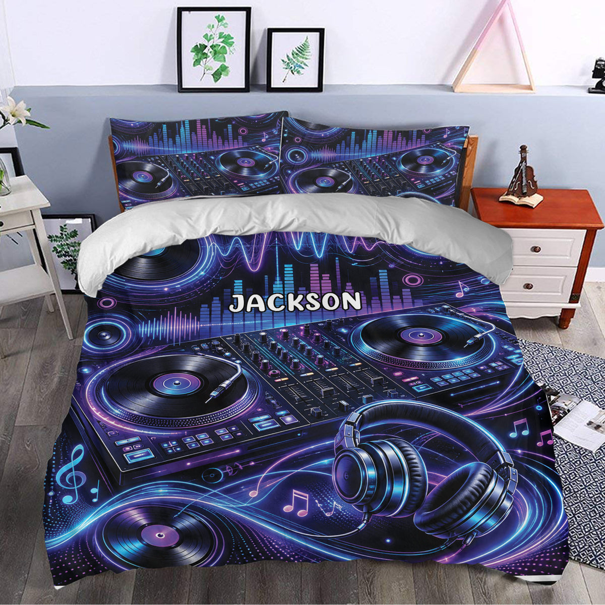 DJ duvet cover bedding set styled in a bedroom with turntables, headphones, music notes, and neon purple accents