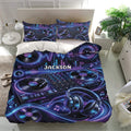 DJ bedding set shown in a modern bedroom with turntables, mixer controls, headphones, and vivid blue music graphics