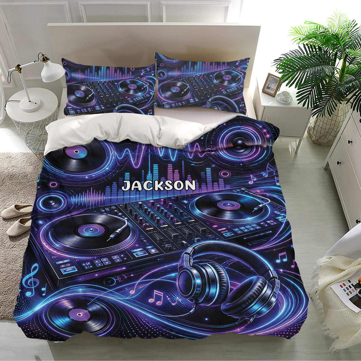 DJ bedding set shown in a modern bedroom with turntables, mixer controls, headphones, and vivid blue music graphics