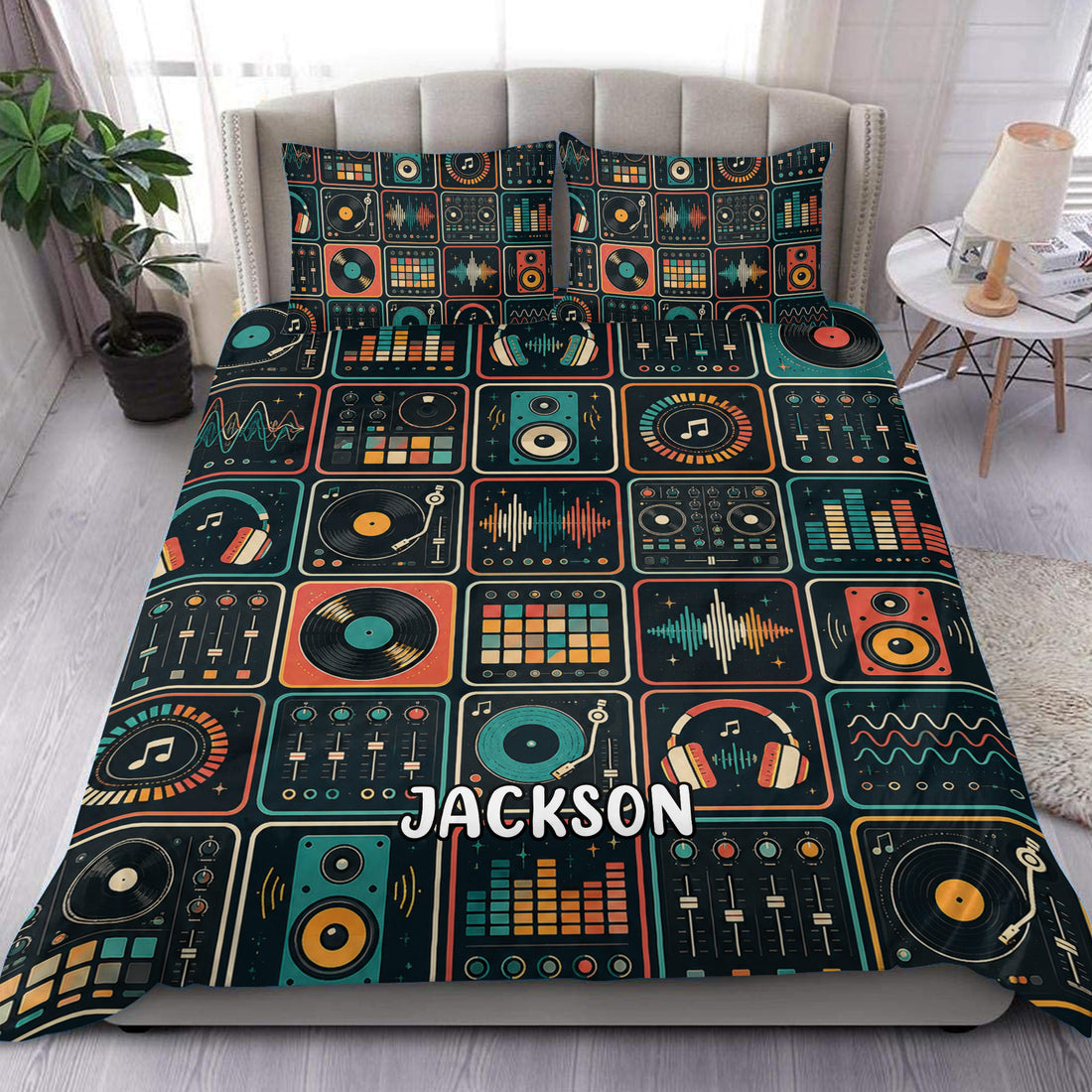 DJ duvet cover bedding set displayed on a bed with turntables, mixers, headphones, and colorful sound waves