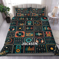 DJ duvet cover bedding set displayed on a bed with turntables, mixers, headphones, and colorful sound waves