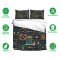 DJ bedding set shown with matching pillowcases and a colorful music equipment pattern in teal, orange, and coral
