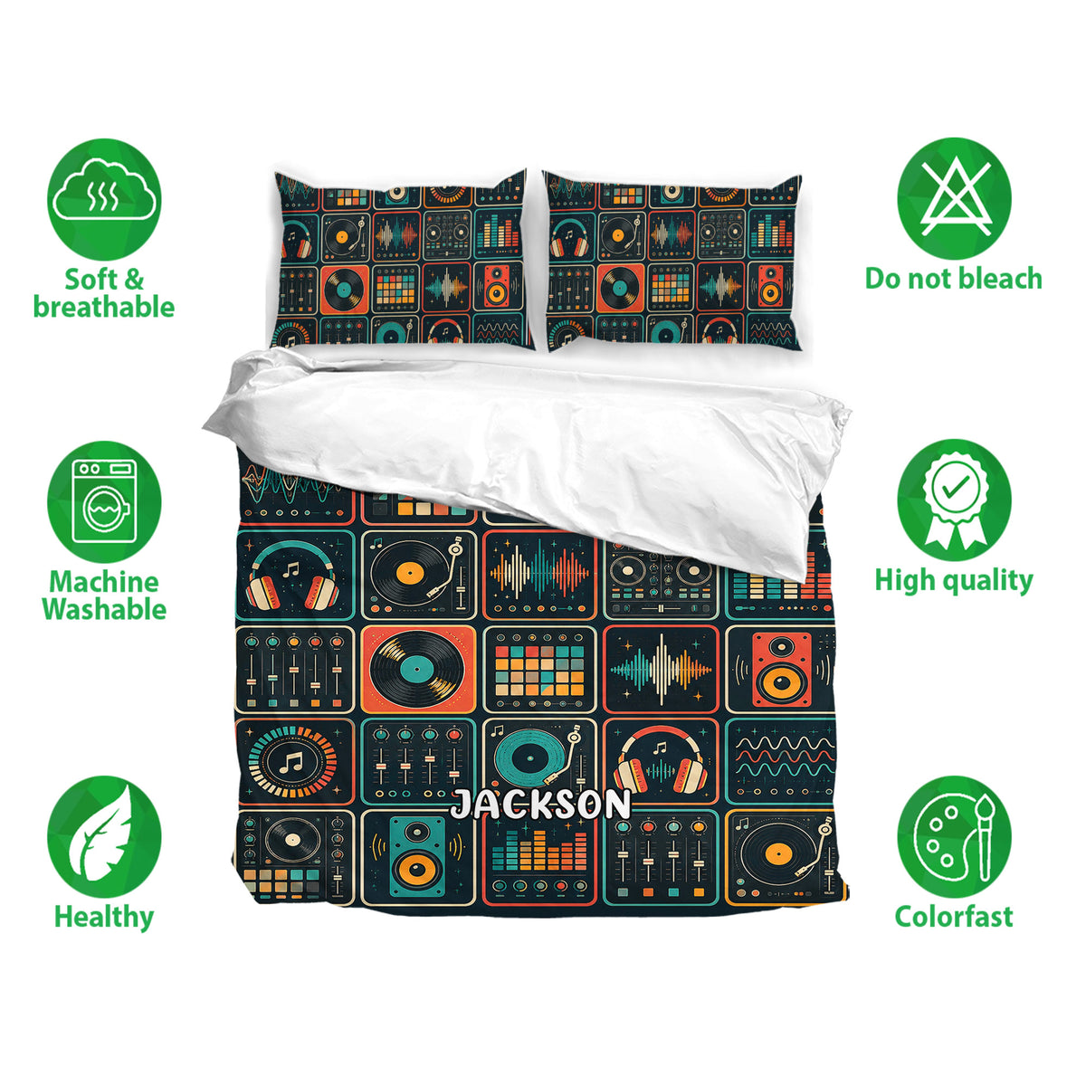 DJ bedding set shown with matching pillowcases and a colorful music equipment pattern in teal, orange, and coral