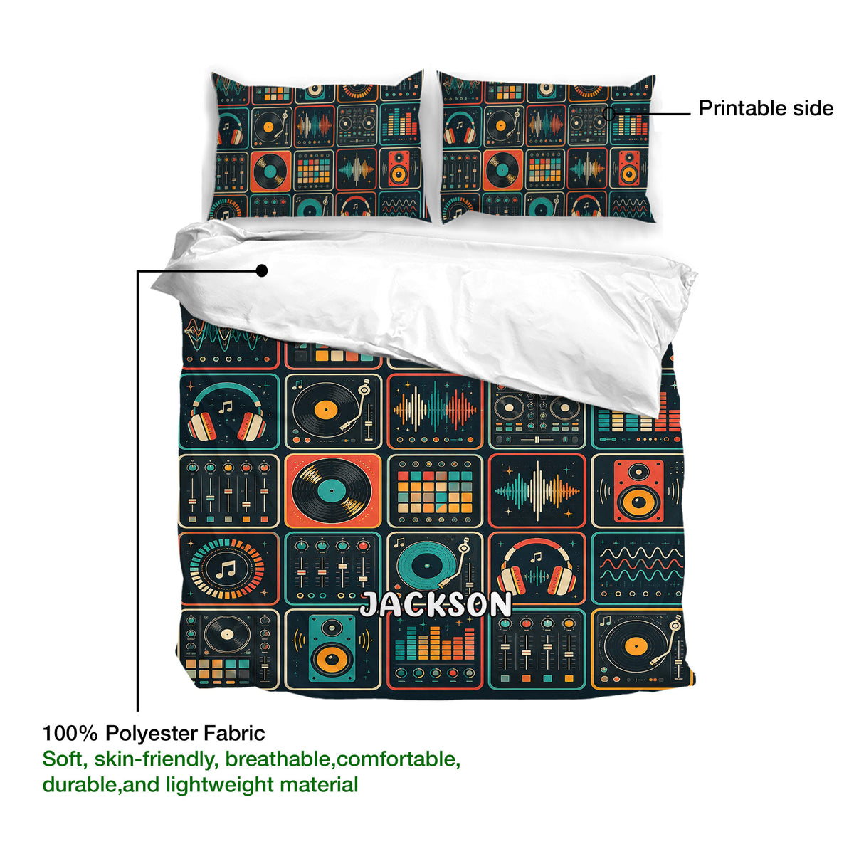 DJ duvet cover with printable patterned fabric featuring records, mixers, speakers, headphones, and equalizer bars