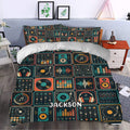 Colorful DJ duvet cover bedding set styled in a bedroom with music equipment artwork and sound wave details