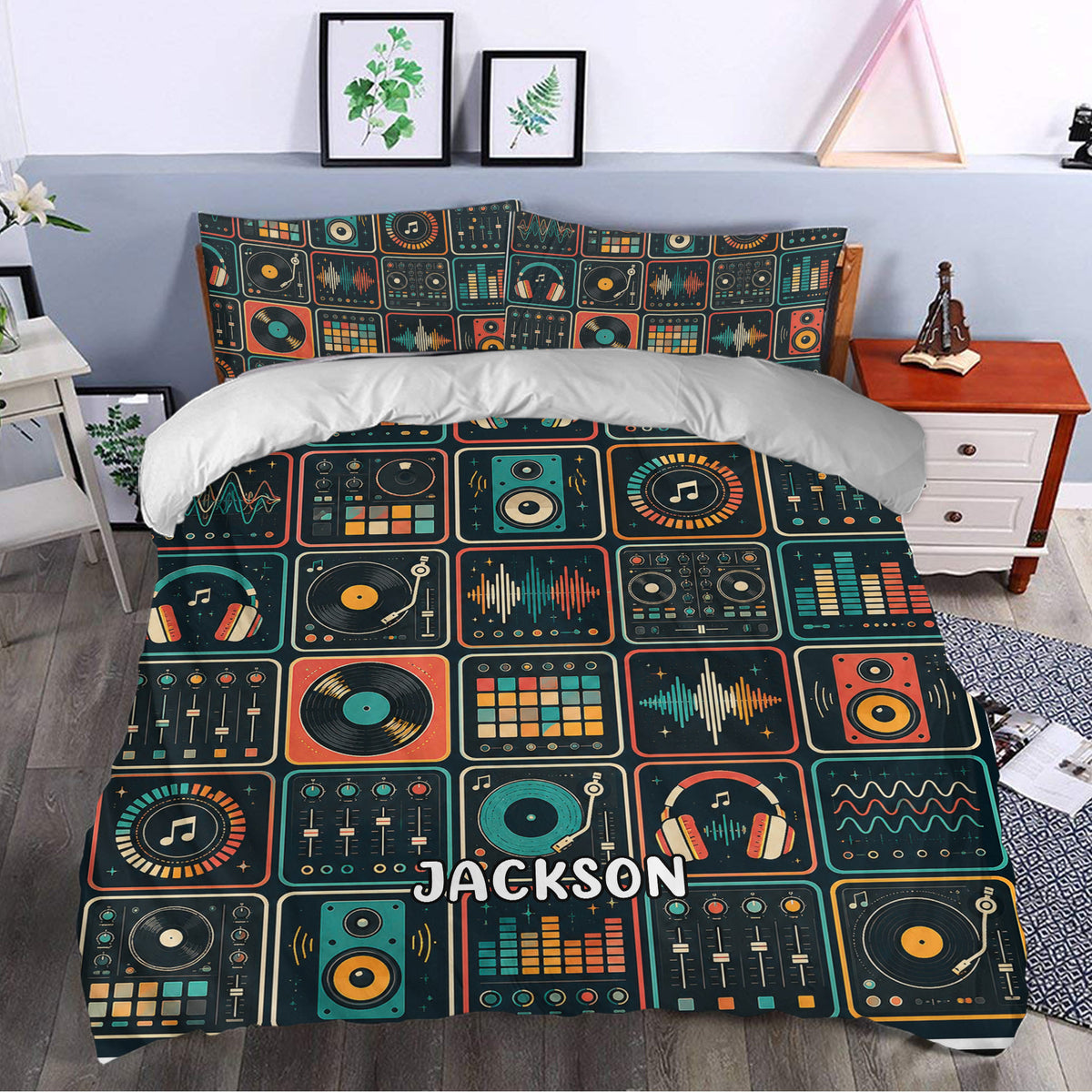 Colorful DJ duvet cover bedding set styled in a bedroom with music equipment artwork and sound wave details