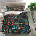 DJ bedding set presented in a bright bedroom with turntables, headphones, speakers, mixers, and multicolor controls