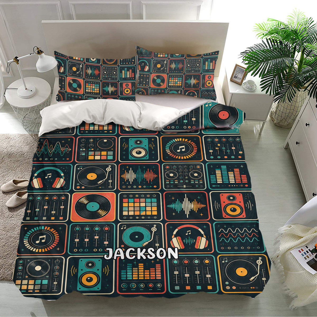 DJ bedding set presented in a bright bedroom with turntables, headphones, speakers, mixers, and multicolor controls