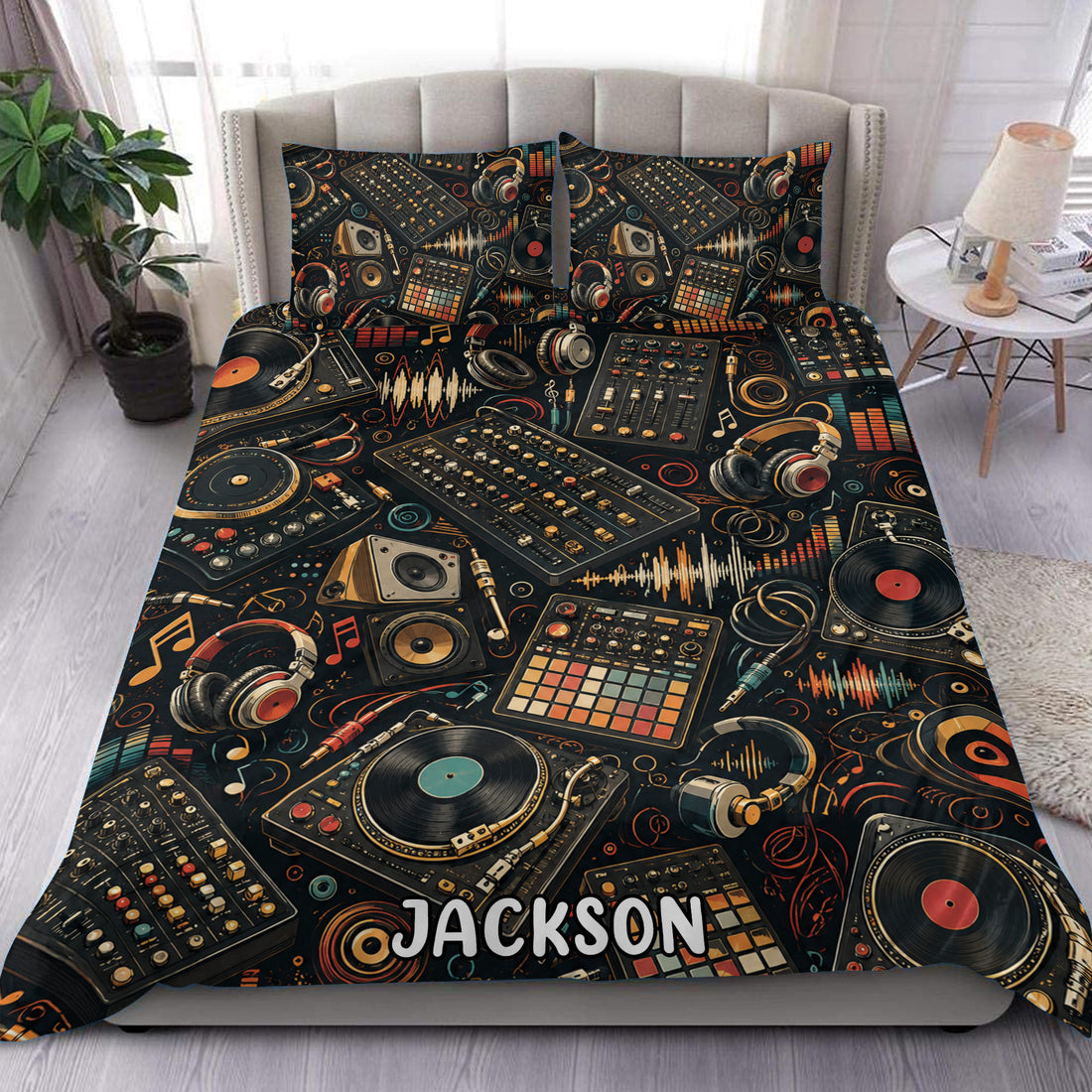 DJ duvet cover set displayed on a bed with turntables, headphones, mixers, vinyl records, and music notes