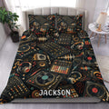 DJ duvet cover set displayed on a bed with turntables, headphones, mixers, vinyl records, and music notes