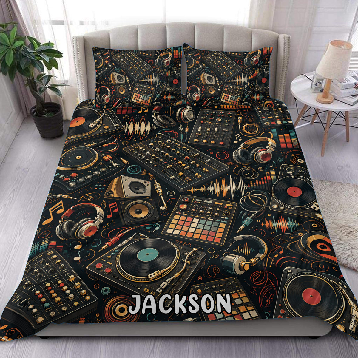 DJ duvet cover set displayed on a bed with turntables, headphones, mixers, vinyl records, and music notes