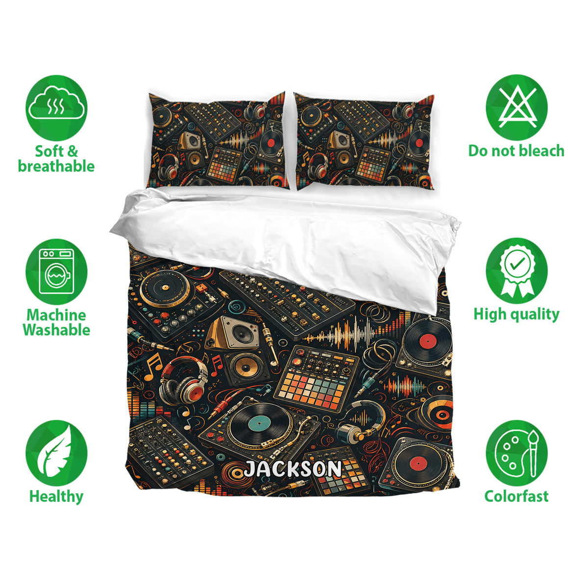 DJ bedding set presentation with matching pillowcases, colorful audio equipment artwork, and product feature icons