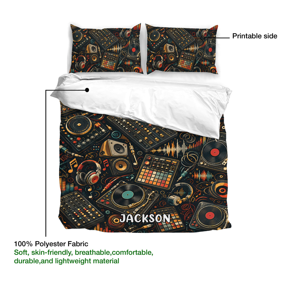 DJ duvet cover bedding set showing the printed side, soft polyester fabric, and detailed music equipment design