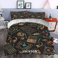 DJ duvet cover styled in a bedroom with turntables, headphones, audio mixers, records, and vibrant music graphics