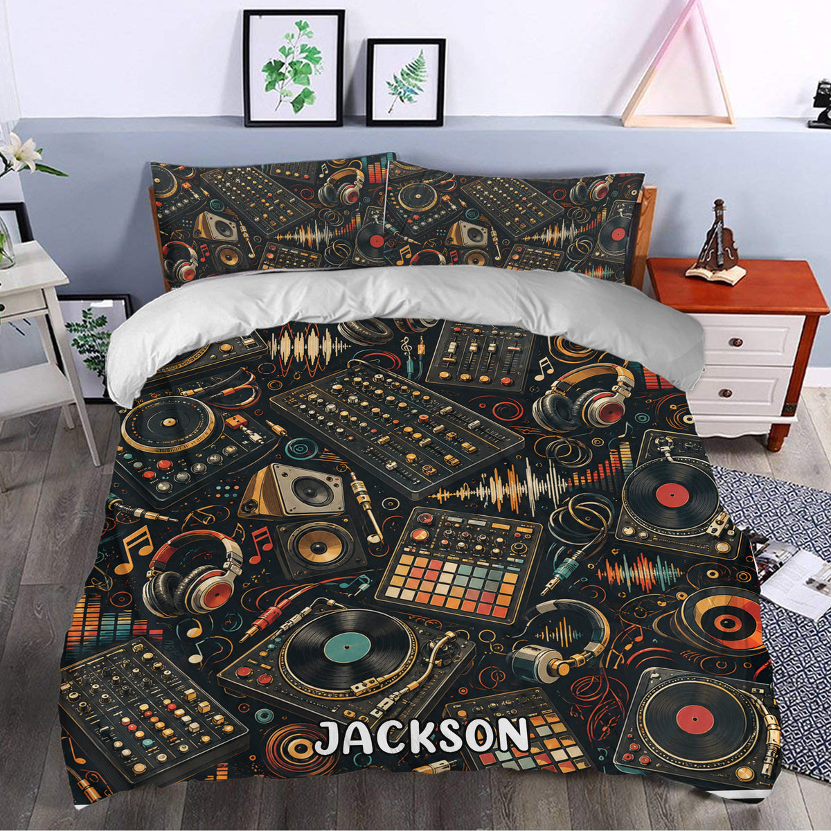 DJ duvet cover styled in a bedroom with turntables, headphones, audio mixers, records, and vibrant music graphics