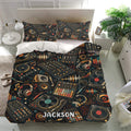 DJ bedding set on a modern bed with matching pillowcases and colorful turntable, mixer, and headphone artwork