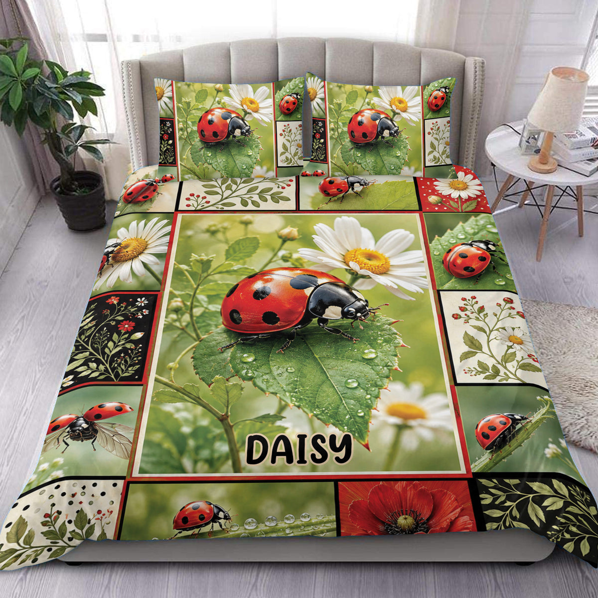 Ladybug duvet cover set displayed on a bed with daisies, green leaves, and botanical patchwork artwork