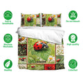 Ladybug bedding set with matching pillowcases, daisy flowers, leafy artwork, and bright garden colors