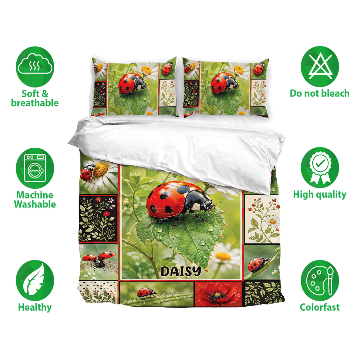 Ladybug bedding set with matching pillowcases, daisy flowers, leafy artwork, and bright garden colors