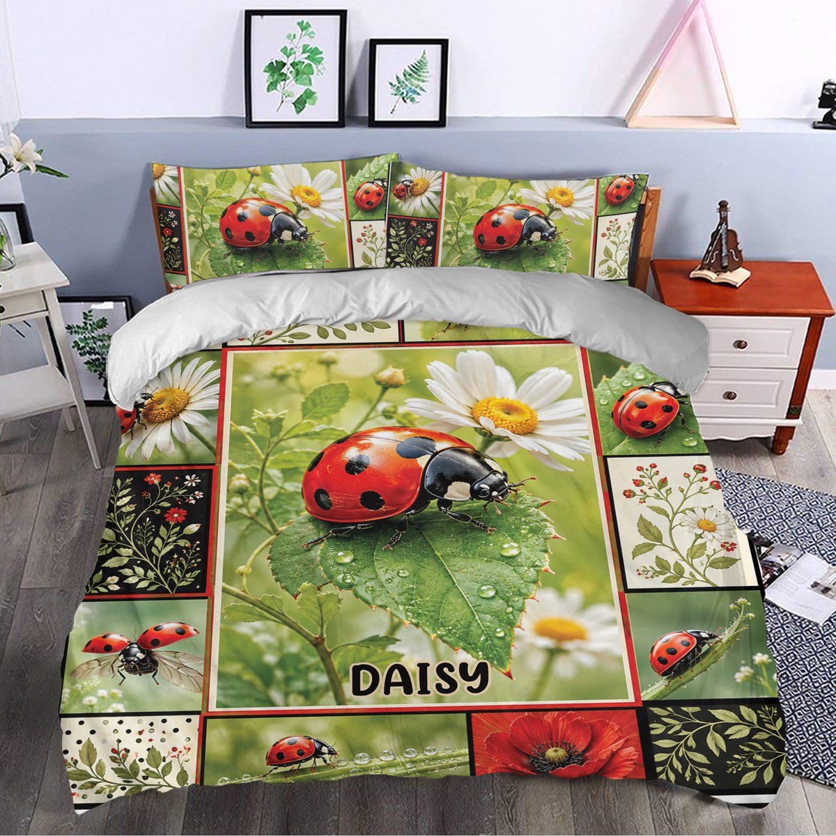Ladybug duvet cover styled in a bedroom with daisies, leafy panels, red accents, and garden-inspired artwork