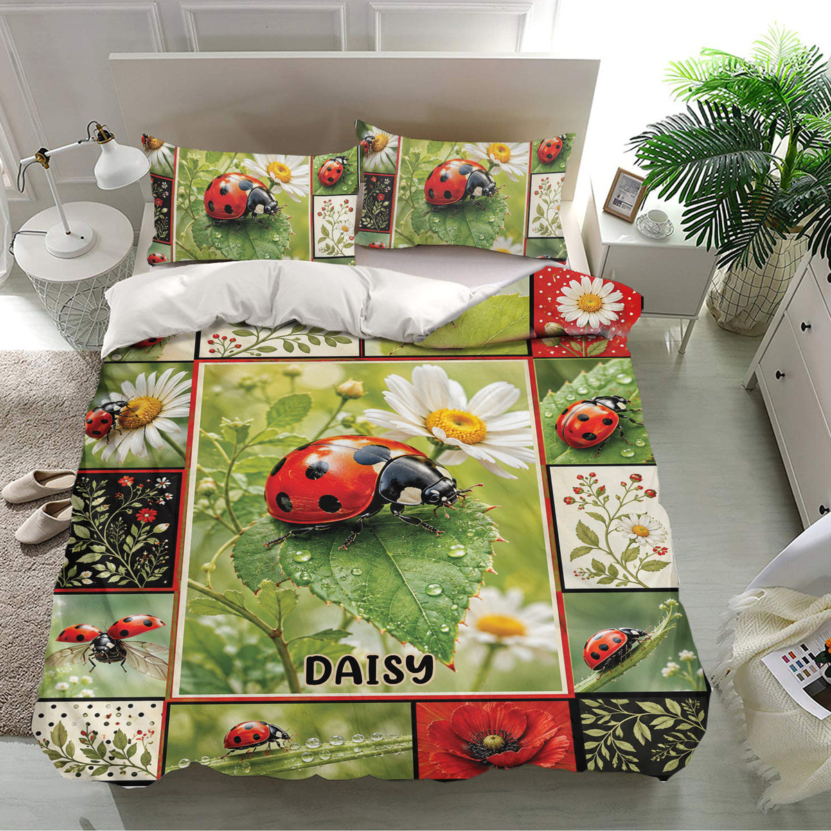 Ladybug bedding set presented in a bright bedroom with matching pillowcases and detailed floral patchwork