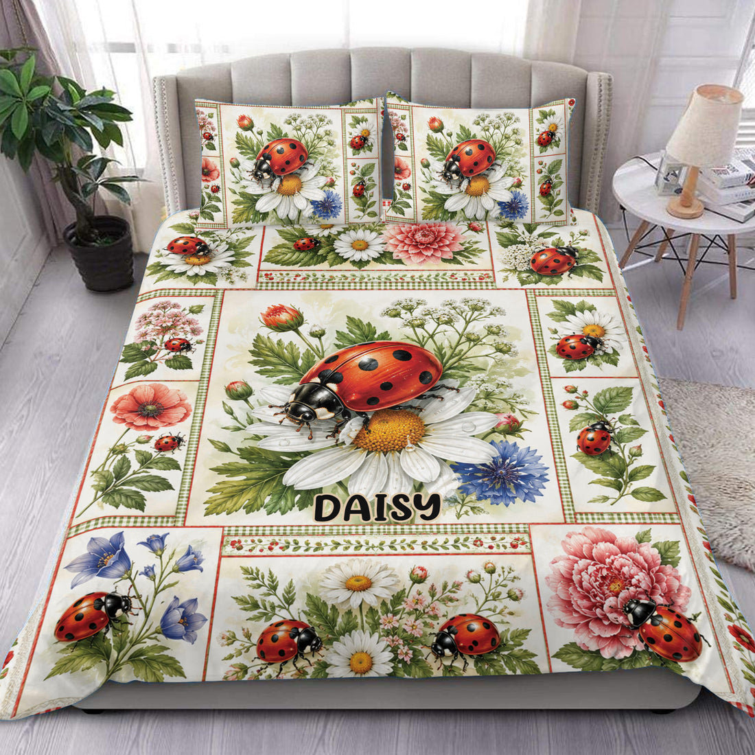 Ladybug duvet cover set displayed on a bed with colorful flowers, greenery, and matching pillowcases