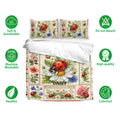 Ladybug bedding set shown with floral artwork, matching pillowcases, and soft breathable fabric icons