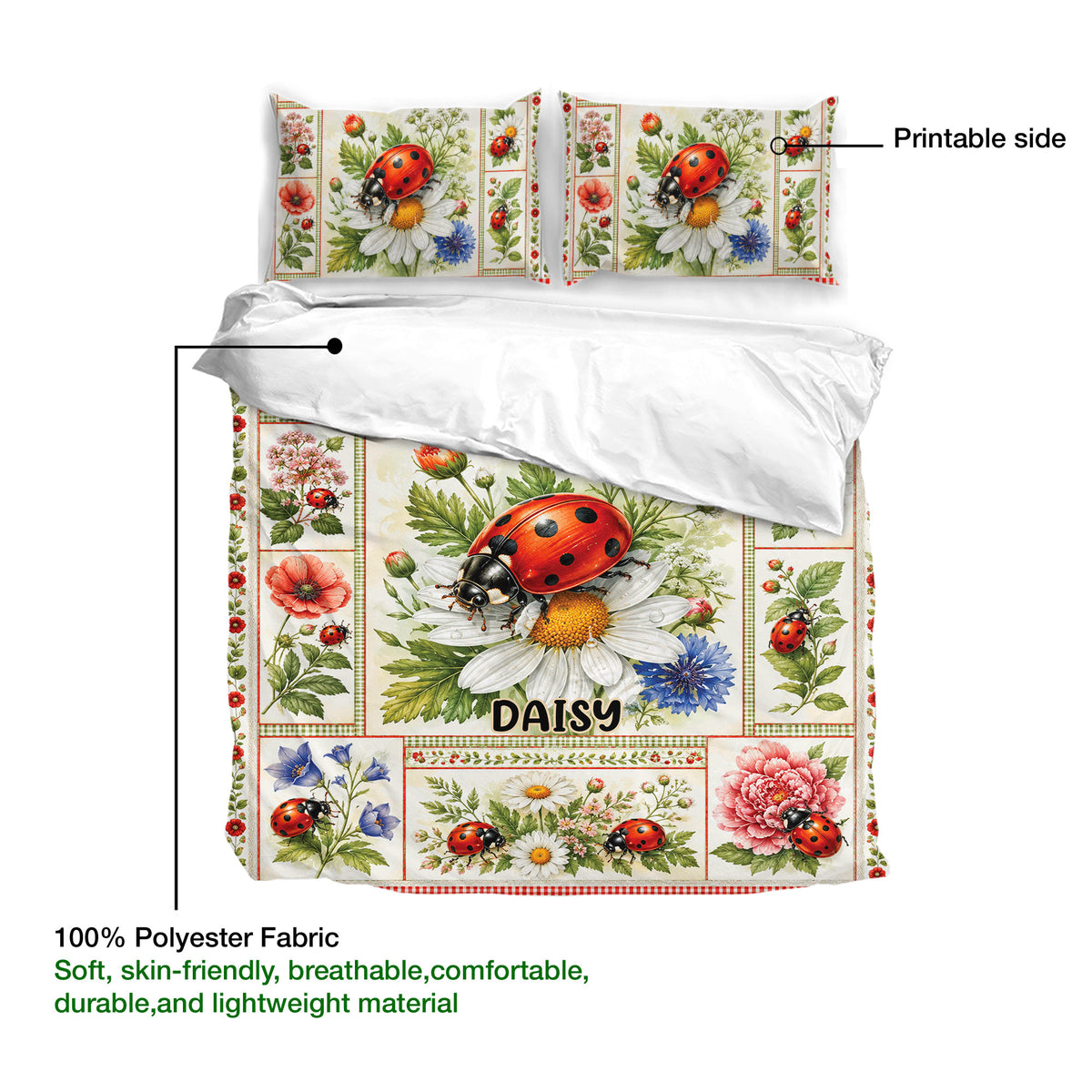 Ladybug duvet cover set product view highlighting the floral print and lightweight polyester fabric