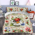 Floral ladybug duvet cover styled in a bedroom with botanical accents and colorful flower details