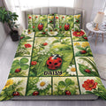 Ladybug duvet cover set displayed on a bed with flowers, green leaves, and a colorful garden collage design