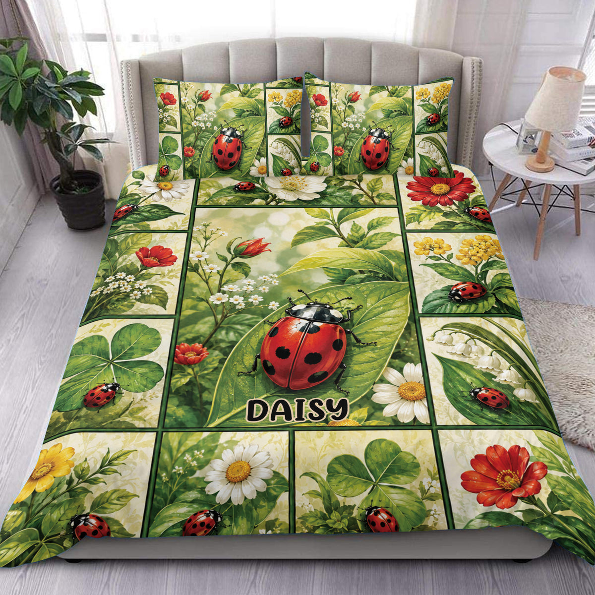 Ladybug duvet cover set displayed on a bed with flowers, green leaves, and a colorful garden collage design