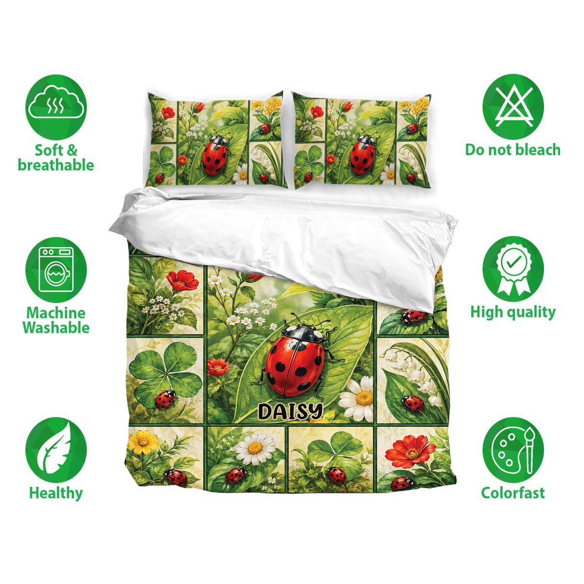 Ladybug bedding set shown with matching pillowcases, floral artwork, and soft breathable fabric features