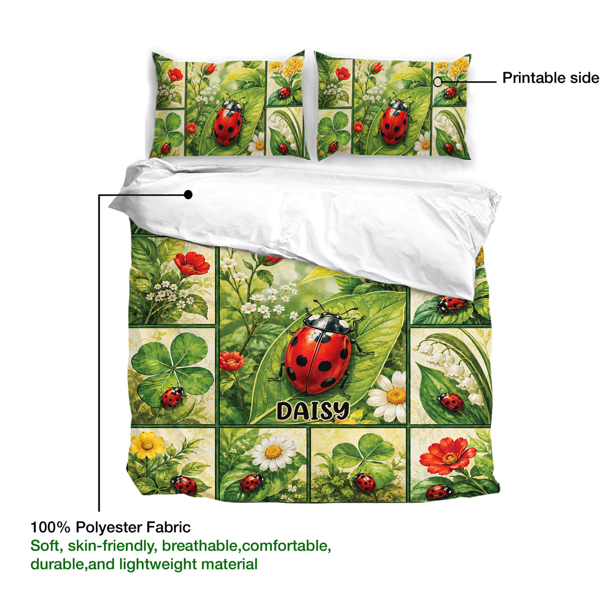 Ladybug duvet cover set detail showing the printed floral artwork and lightweight polyester fabric