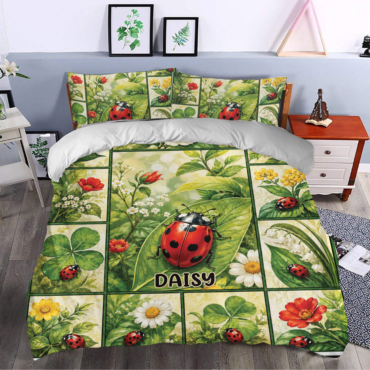 Ladybug duvet cover styled in a bedroom with green foliage, flowers, and vibrant garden-inspired artwork