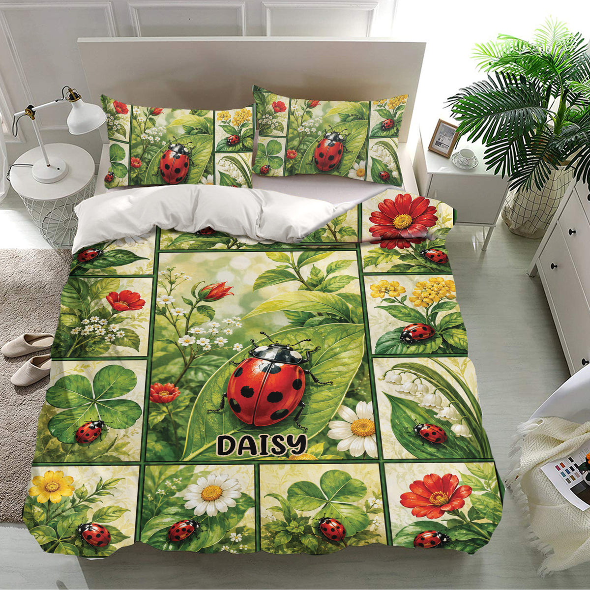 Ladybug bedding set presented in a bright bedroom with floral panels, leaves, and red ladybug artwork