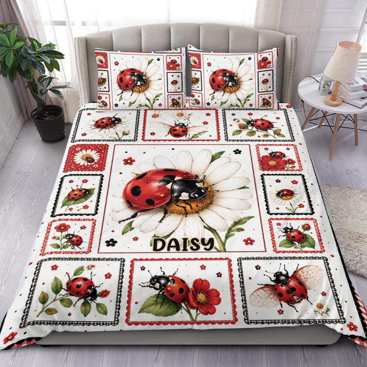 Ladybug duvet cover set displayed on a bed with daisies, floral panels, and red and black accents