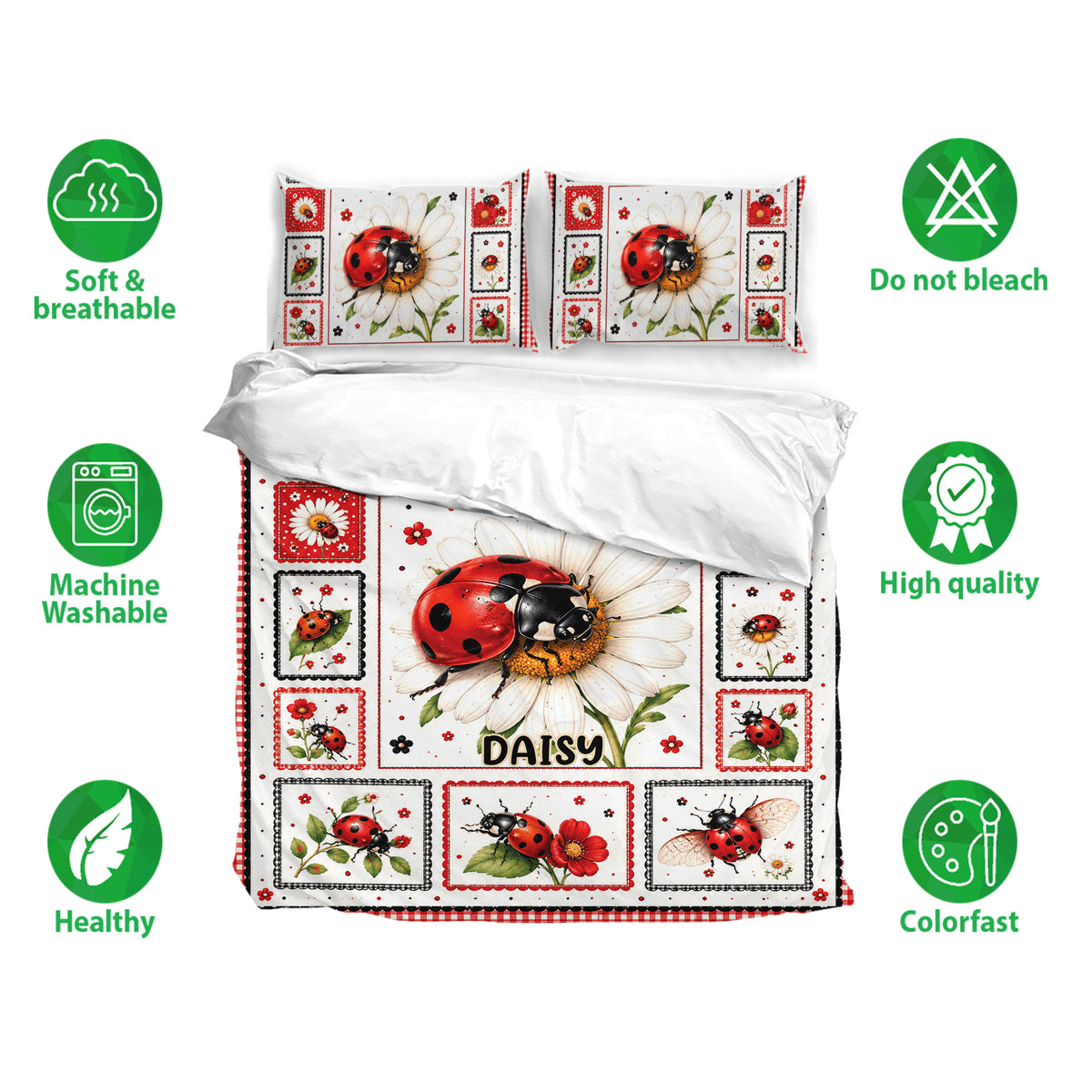 Ladybug bedding set with matching pillowcases, floral artwork, and soft breathable fabric feature icons
