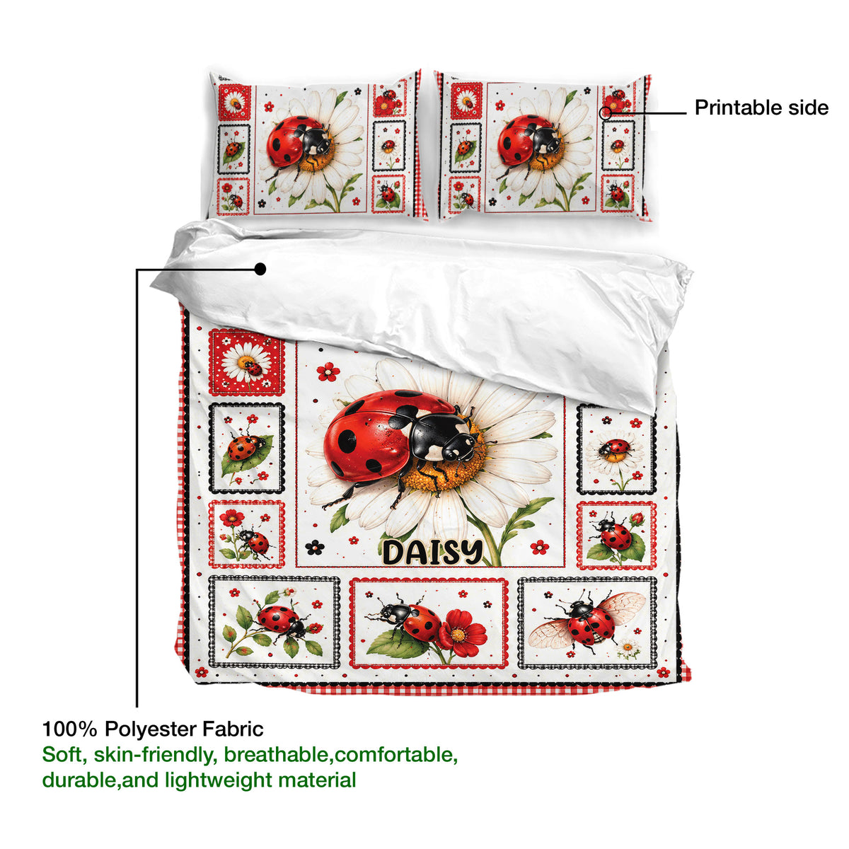 Ladybug duvet cover bedding set showing the printable side and floral insect artwork