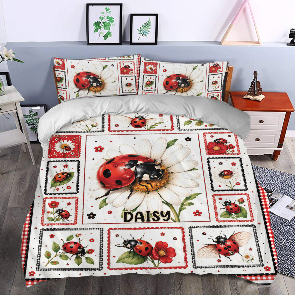 Ladybug duvet cover set styled in a bedroom with floral panels and matching pillowcases