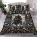 Viking duvet cover set displayed on a bed with a warrior, ravens, shields, axes and Norse knotwork