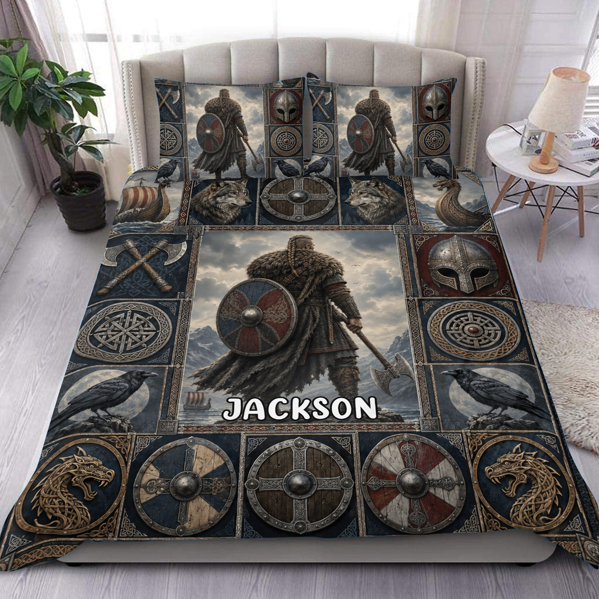 Viking duvet cover set displayed on a bed with a warrior, ravens, shields, axes and Norse knotwork