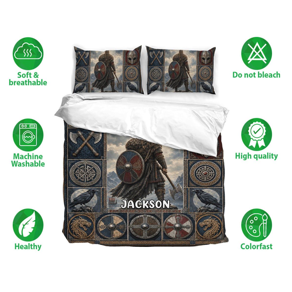 Viking bedding set with warrior artwork, raven motifs and dark Nordic details shown with matching pillows