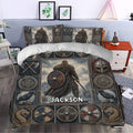 Viking duvet cover styled in a bedroom with a warrior, wolf, raven, shield and dragon artwork