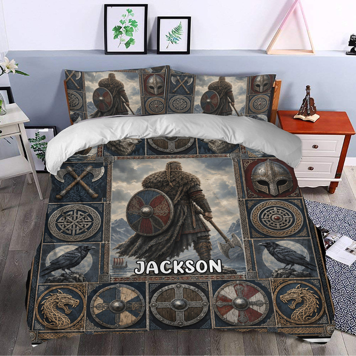 Viking duvet cover styled in a bedroom with a warrior, wolf, raven, shield and dragon artwork